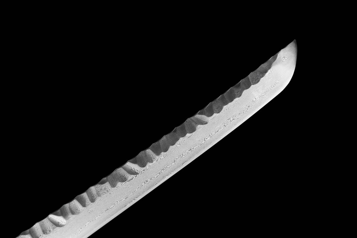 Gaiyo 概要 Katana — Carved Damascus Steel, Orange Sageo – view 8