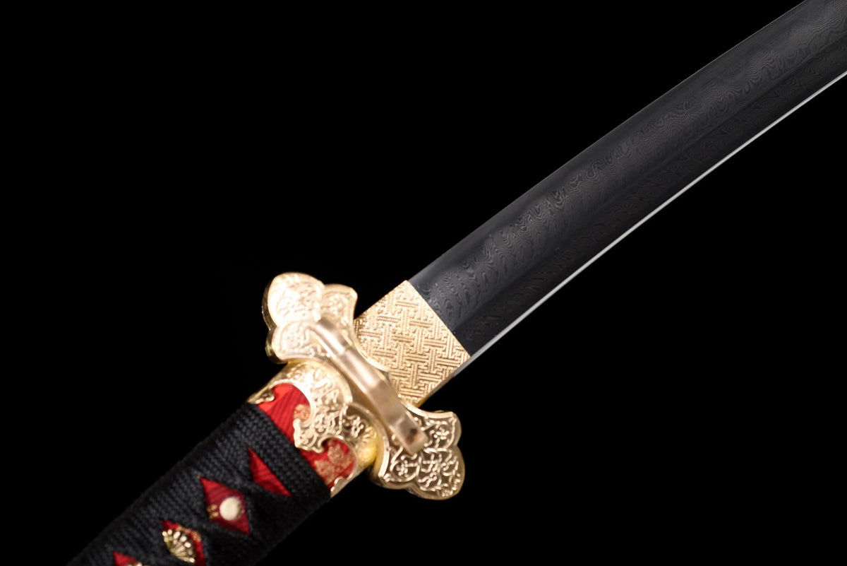Kōyō Tachi 紅葉 – Damascus Steel, Burgundy Saya, Gilded Fittings – view 7