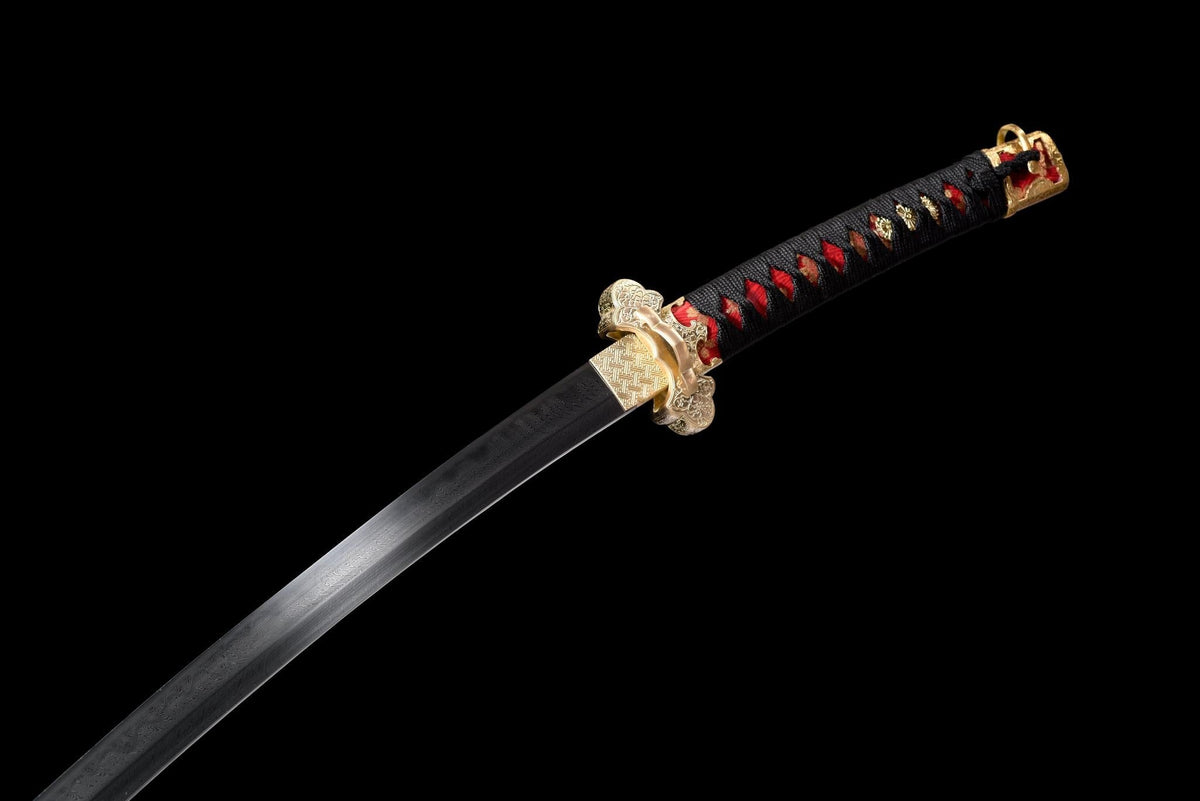 Kōyō Tachi 紅葉 – Damascus Steel, Burgundy Saya, Gilded Fittings – view 8