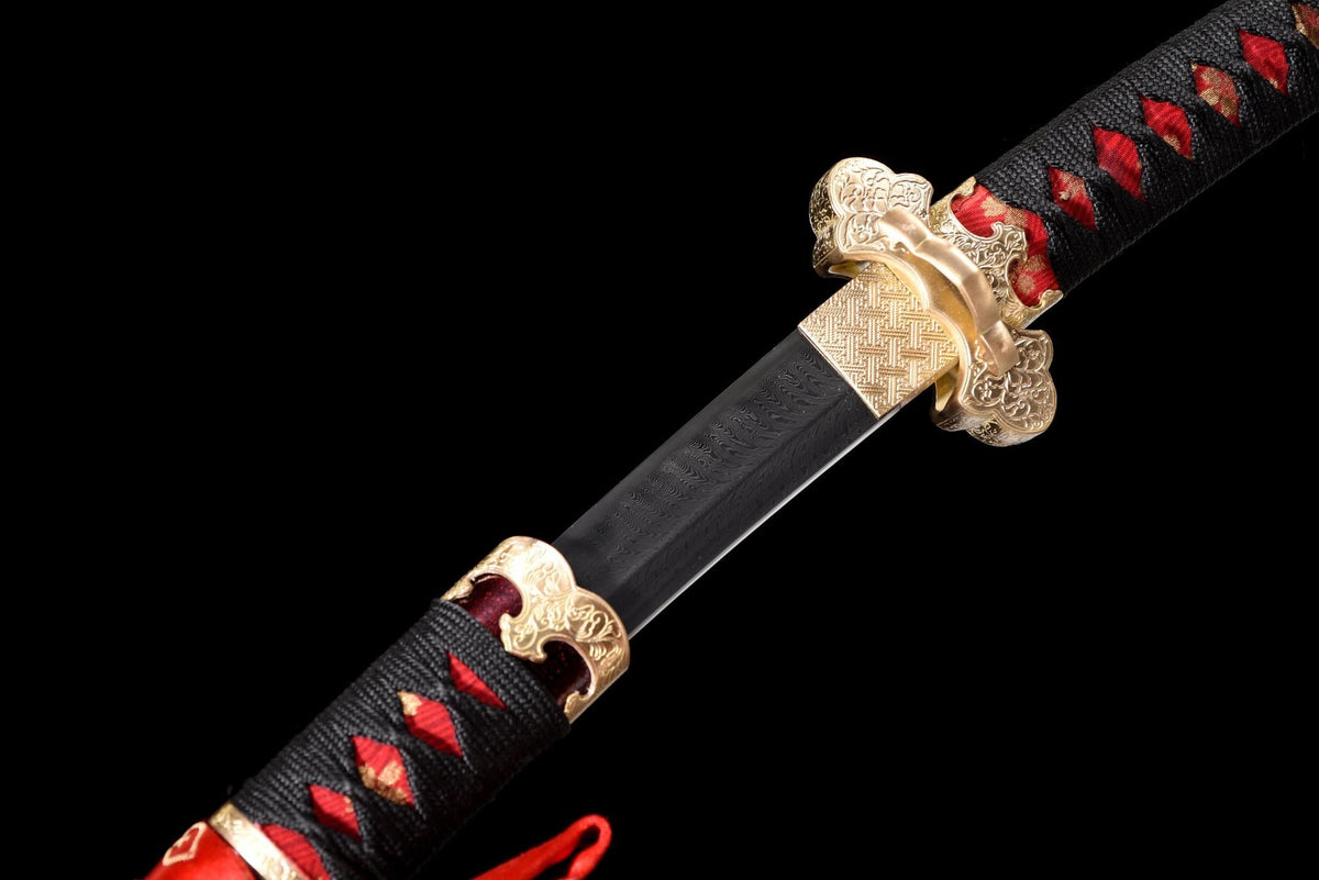 Kōyō Tachi 紅葉 – Damascus Steel, Burgundy Saya, Gilded Fittings – view 9