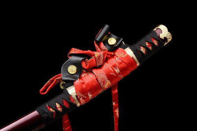 Kōyō Tachi 紅葉 – Damascus Steel, Burgundy Saya, Gilded Fittings – view 11