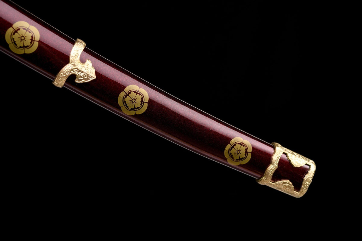Kōyō Tachi 紅葉 – Damascus Steel, Burgundy Saya, Gilded Fittings – view 12
