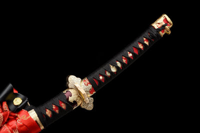 Kōyō Tachi 紅葉 – Damascus Steel, Burgundy Saya, Gilded Fittings – view 13