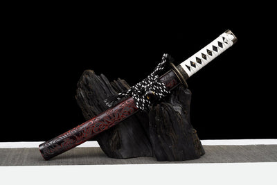 Byakko 白虎 Tanto – White Tiger, Damascus Steel, Red & Black Saya – view 2