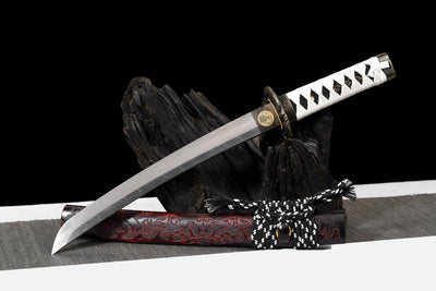 Byakko 白虎 Tanto – White Tiger, Damascus Steel, Red & Black Saya – view 1