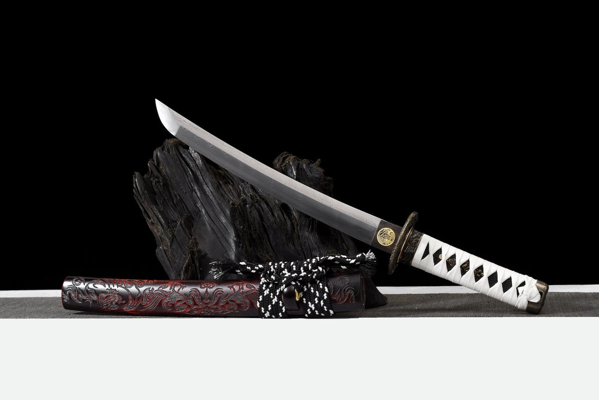 Byakko 白虎 Tanto – White Tiger, Damascus Steel, Red & Black Saya – view 3