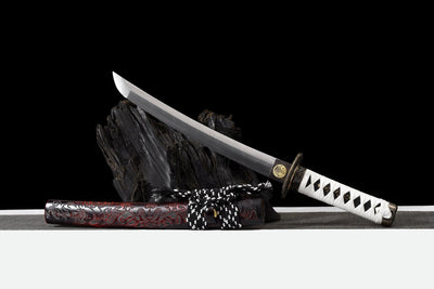 Byakko 白虎 Tanto – White Tiger, Damascus Steel, Red & Black Saya – view 3