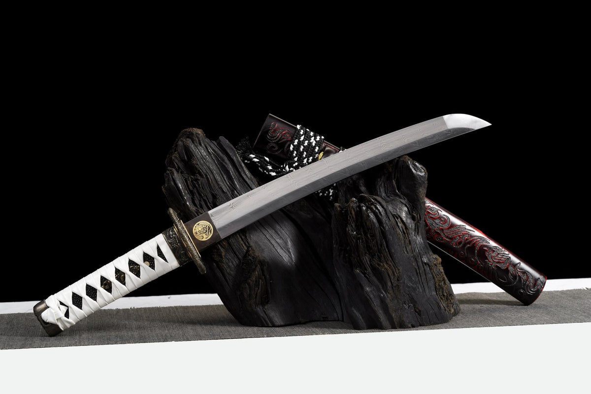 Byakko 白虎 Tanto – White Tiger, Damascus Steel, Red & Black Saya – view 4