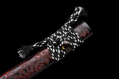 Byakko 白虎 Tanto – White Tiger, Damascus Steel, Red & Black Saya – view 8
