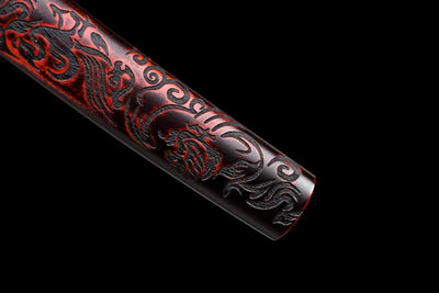 Byakko 白虎 Tanto – White Tiger, Damascus Steel, Red & Black Saya – view 9