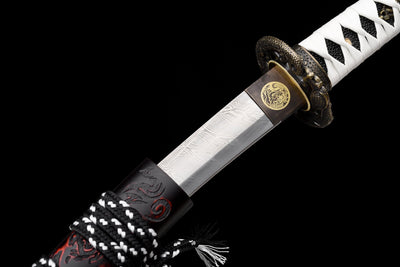 Byakko 白虎 Tanto – White Tiger, Damascus Steel, Red & Black Saya – view 12