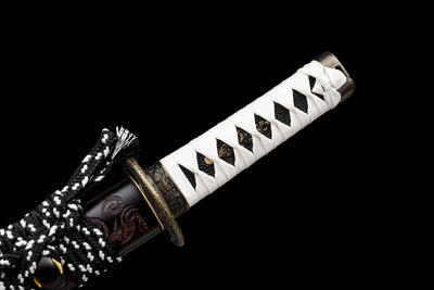 Byakko 白虎 Tanto – White Tiger, Damascus Steel, Red & Black Saya – view 14
