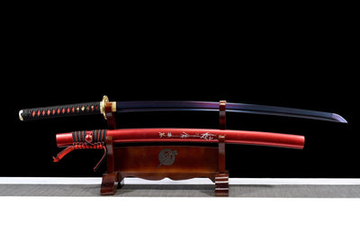 Aokami 蒼神 Katana – T10 Steel, Blue Blade, Red Saya – view 10