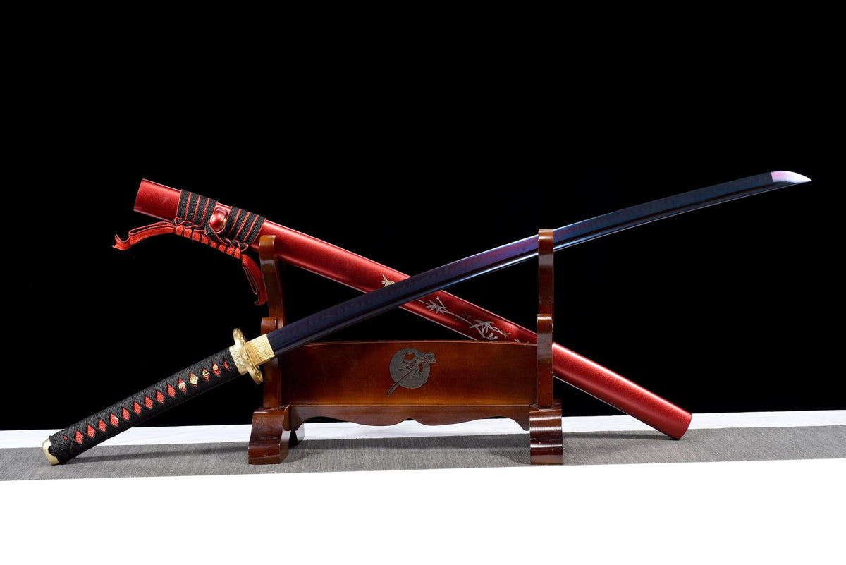 Aokami 蒼神 Katana – T10 Steel, Blue Blade, Red Saya – view 1