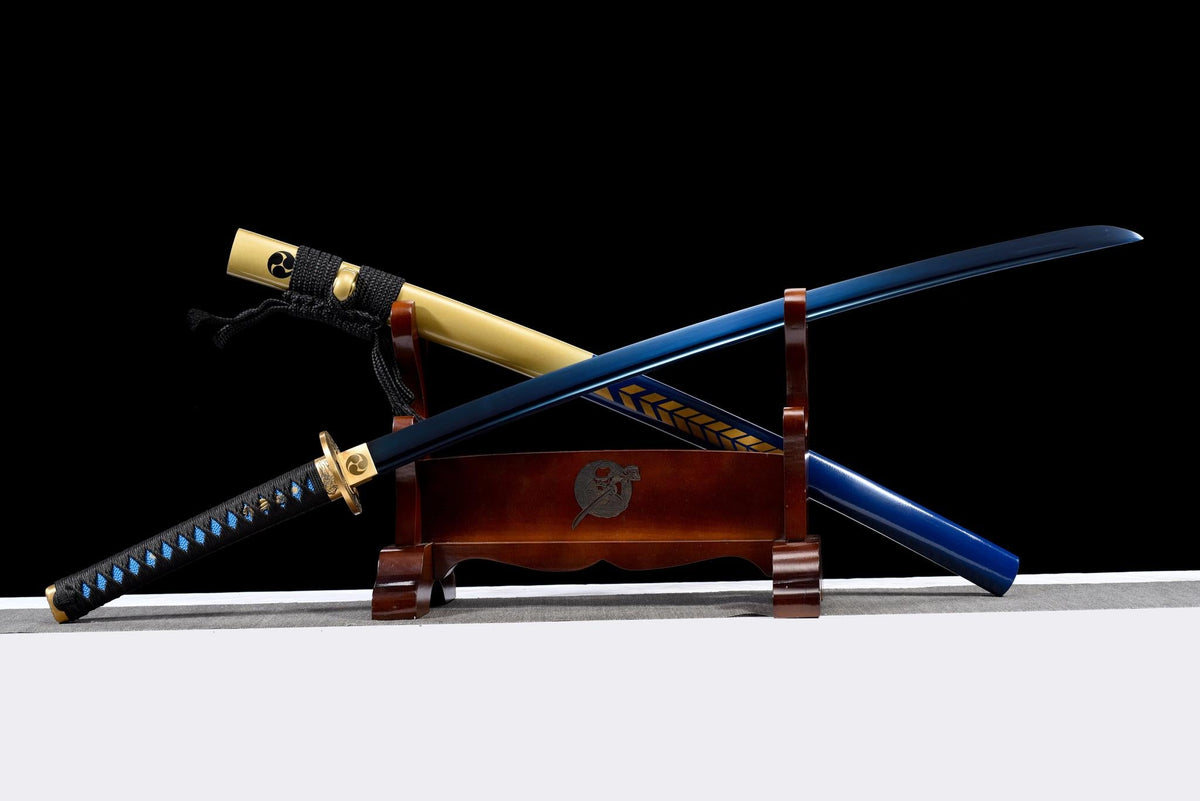 Kinmon 金紋 Katana – 1060 Steel, Blue Finish, Gold Saya – view 1