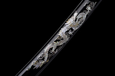 Ginryū Wakizashi 銀龍 – Damascus Steel, Silver Dragon Saya – view 4