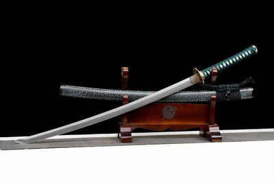 Suirantō 翠嵐刀 Katana — Damascus Steel, Jade Green Ito – view 4