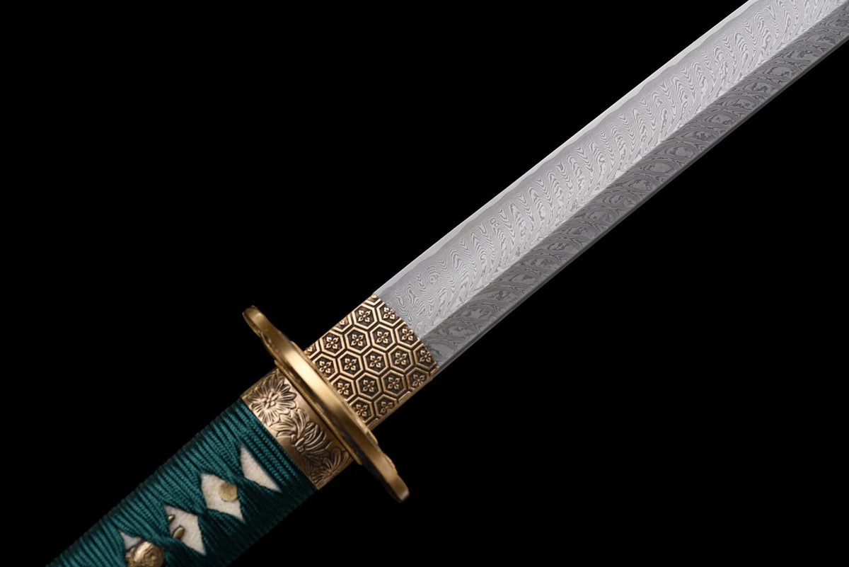 Suirantō 翠嵐刀 Katana — Damascus Steel, Jade Green Ito – view 7