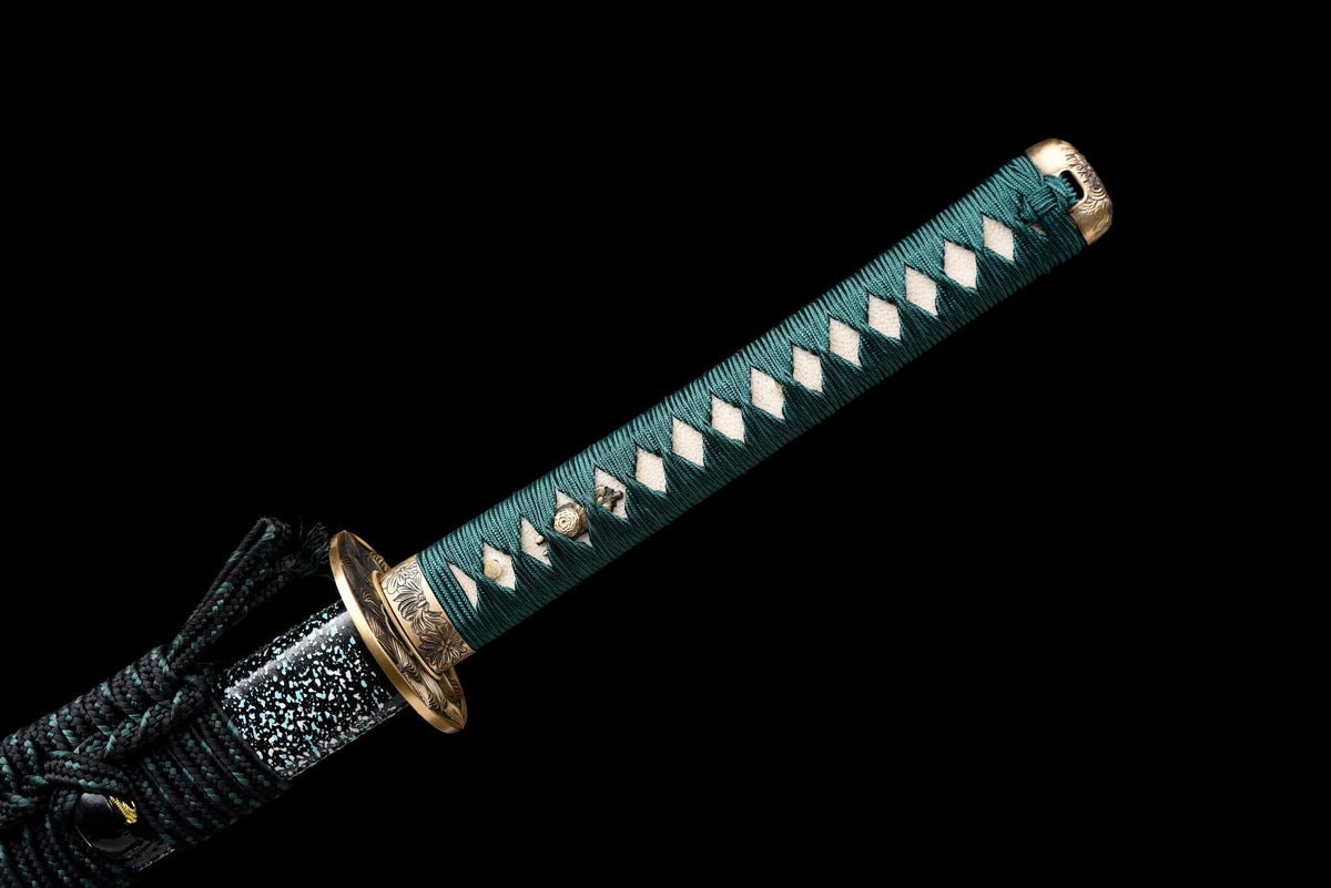 Suirantō 翠嵐刀 Katana — Damascus Steel, Jade Green Ito – view 12