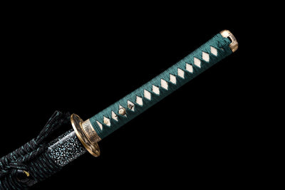 Suirantō 翠嵐刀 Katana — Damascus Steel, Jade Green Ito – view 12