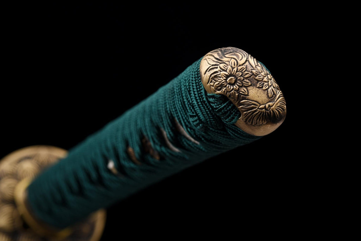 Suirantō 翠嵐刀 Katana — Damascus Steel, Jade Green Ito – view 13