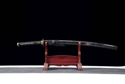 Yami Katana 闇 – Damascus Steel with Hamon, Carved Brass Tsuba – view 1
