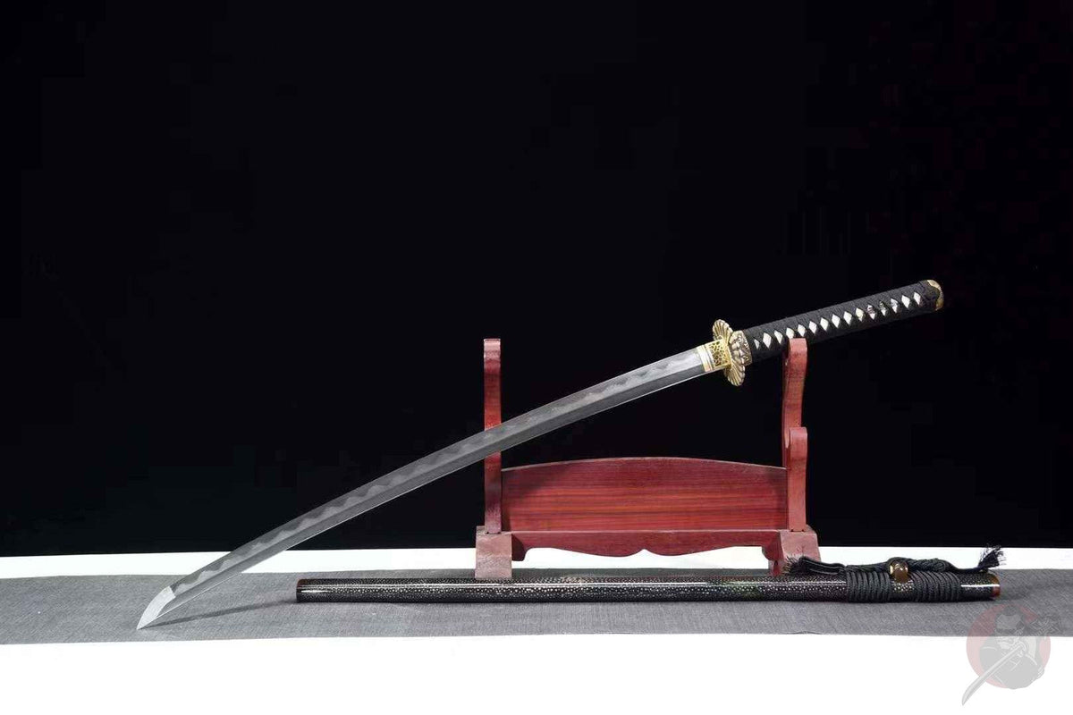 Yami Katana 闇 – Damascus Steel with Hamon, Carved Brass Tsuba – view 2