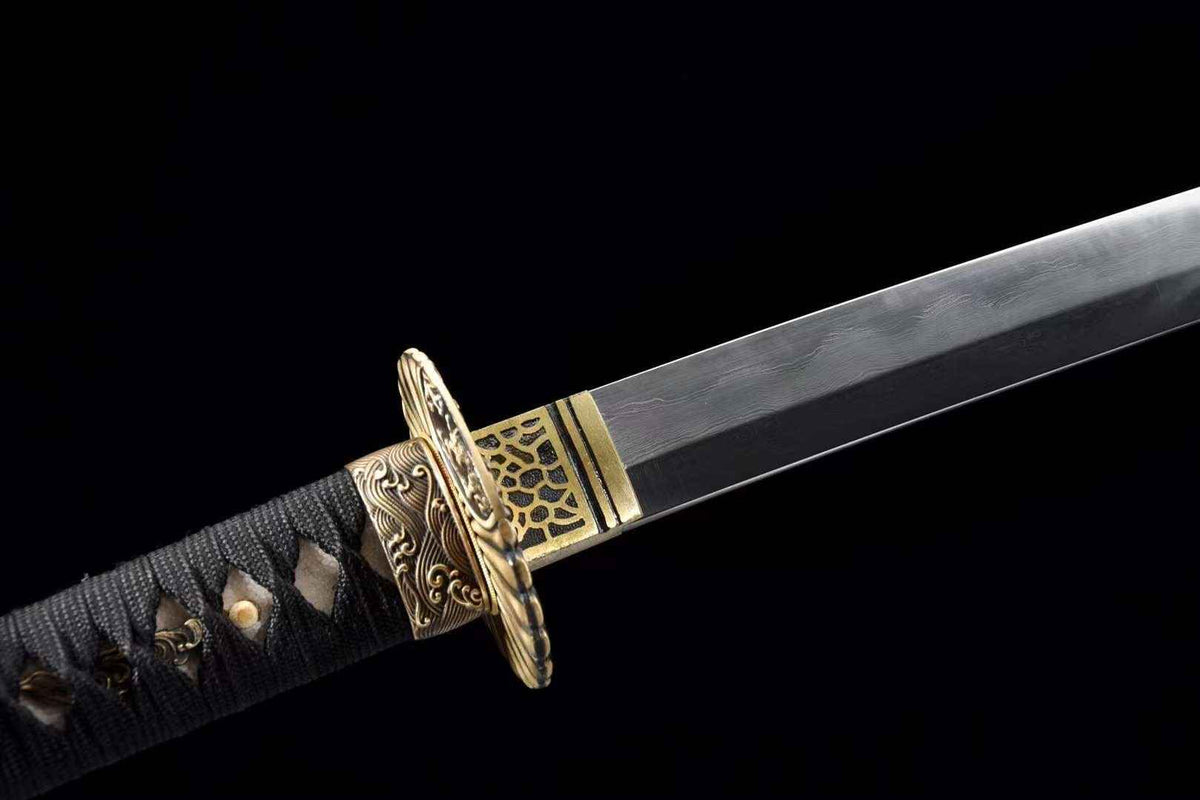 Yami Katana 闇 – Damascus Steel with Hamon, Carved Brass Tsuba – view 8