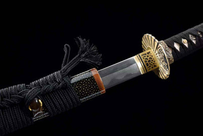 Yami Katana 闇 – Damascus Steel with Hamon, Carved Brass Tsuba – view 9