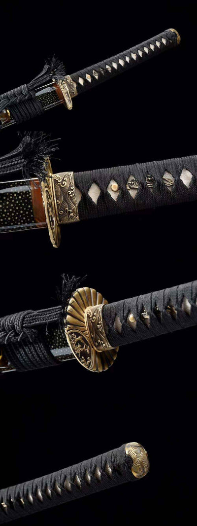 Yami Katana 闇 – Damascus Steel with Hamon, Carved Brass Tsuba – view 3