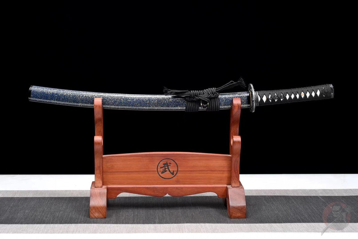 Ao 青 Wakizashi – Damascus Steel, Ebony Saya – view 2