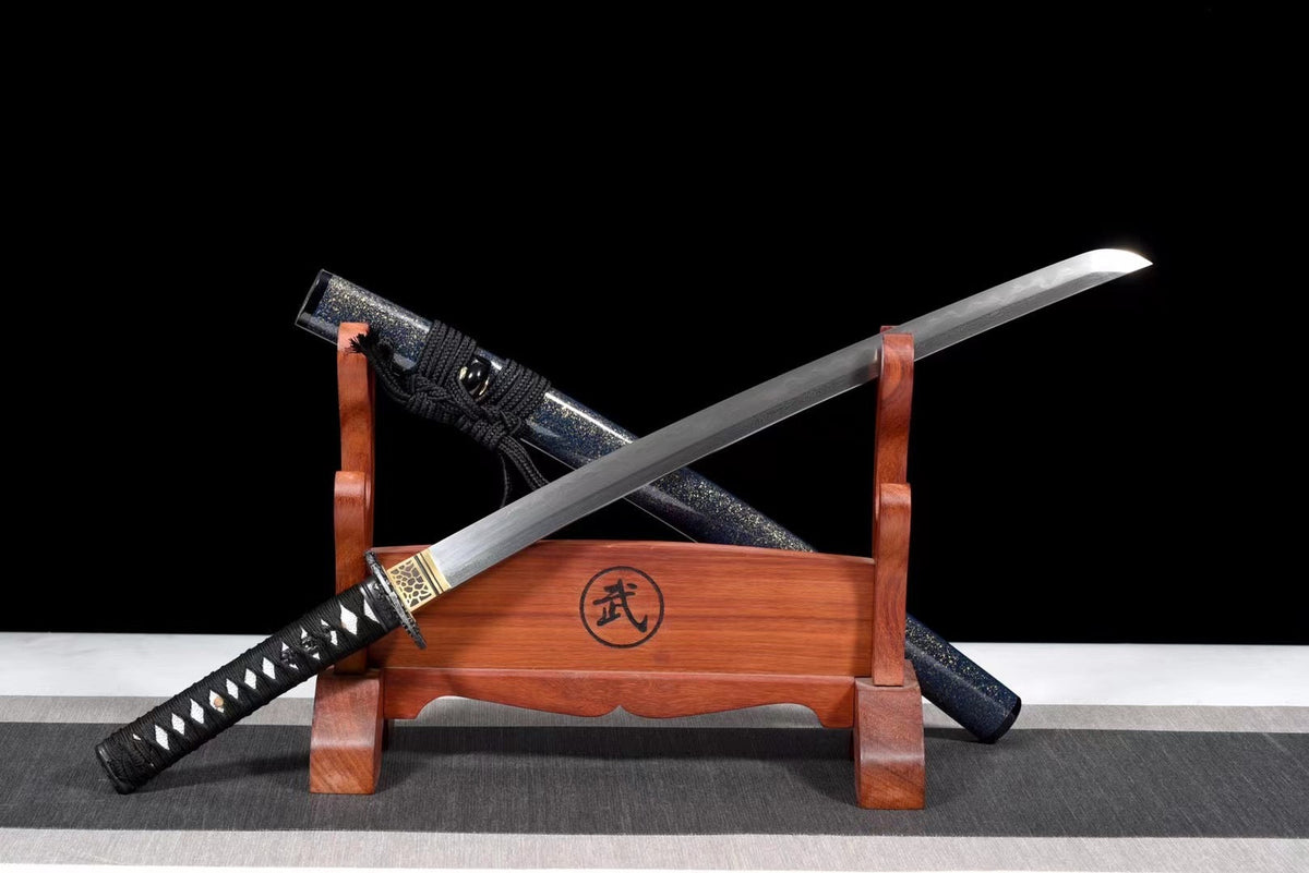Ao 青 Wakizashi – Damascus Steel, Ebony Saya – view 3
