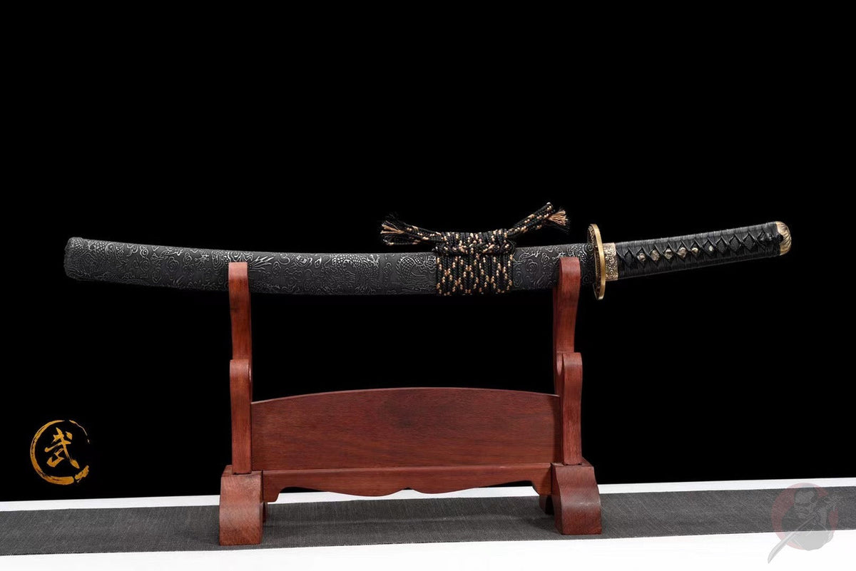 Ryu 竜 Wakizashi – Red Damascus Steel – view 2
