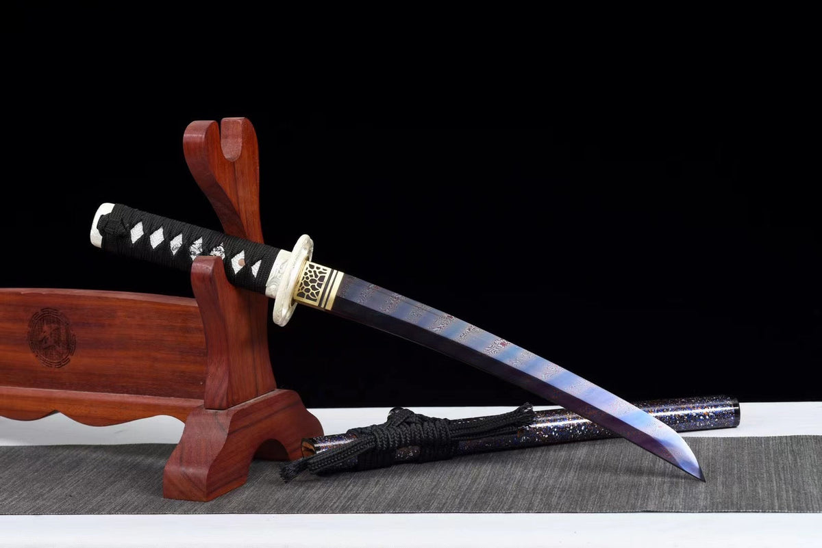 Ginga 銀河 Tanto – Blue-Tinted Damascus Steel – view 3