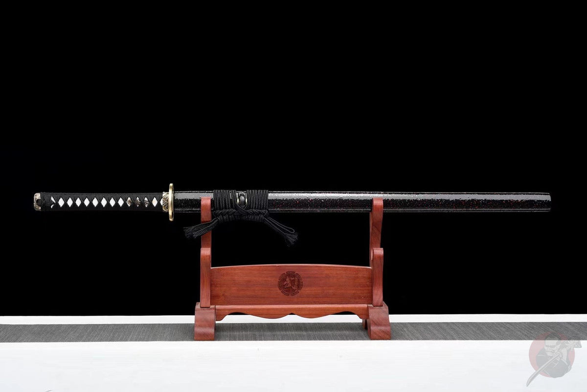 Ninjatō Nami 波 – Damascus Steel with Red and Blue Reflections – view 2