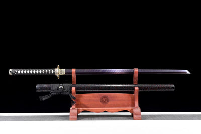 Ninjatō Nami 波 – Damascus Steel with Red and Blue Reflections – view 1