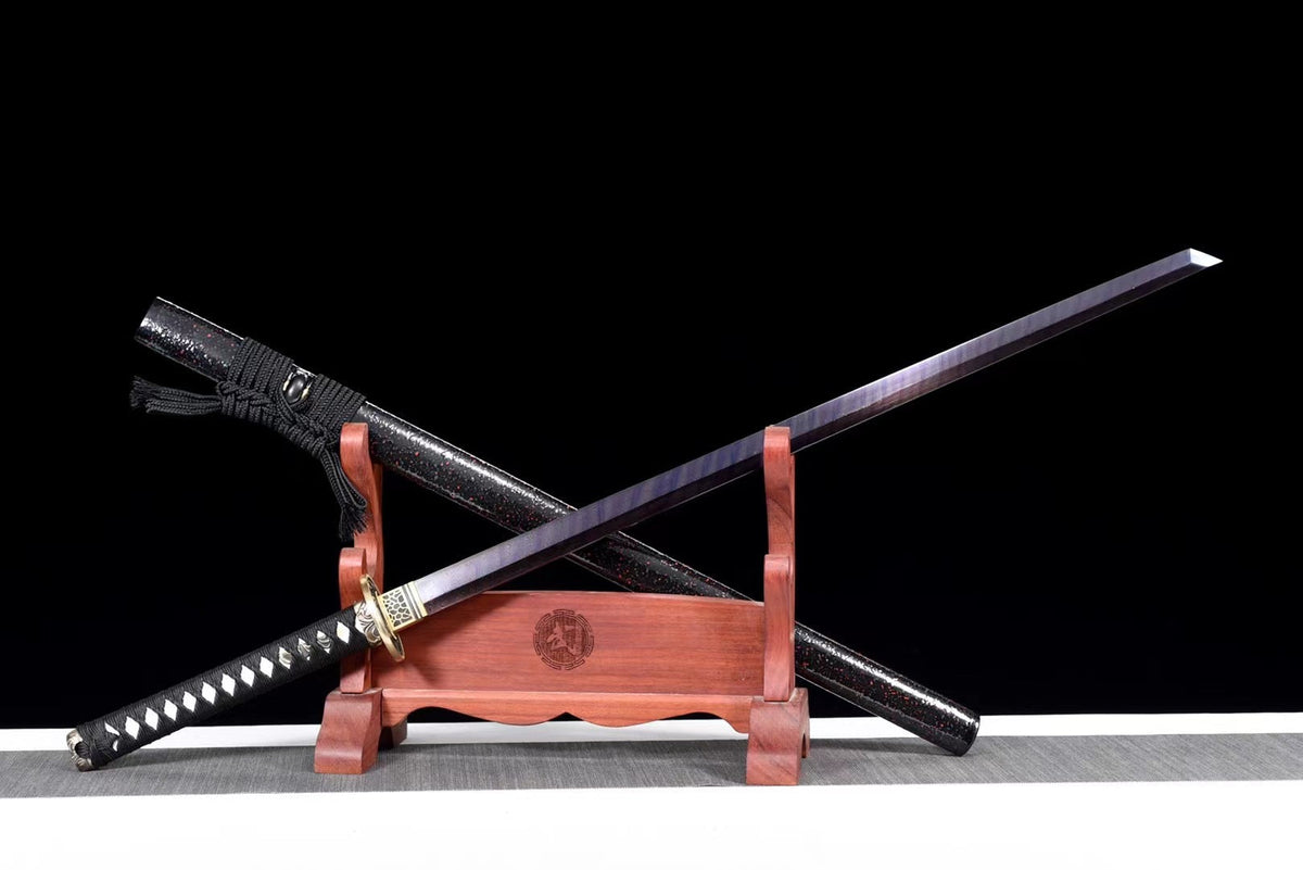 Ninjatō Nami 波 – Damascus Steel with Red and Blue Reflections – view 3