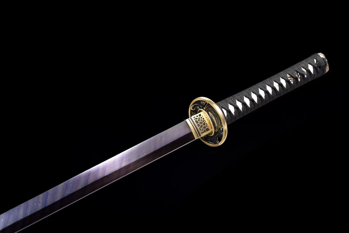 Ninjatō Nami 波 – Damascus Steel with Red and Blue Reflections – view 7