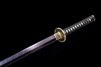 Ninjatō Nami 波 – Damascus Steel with Red and Blue Reflections – view 7