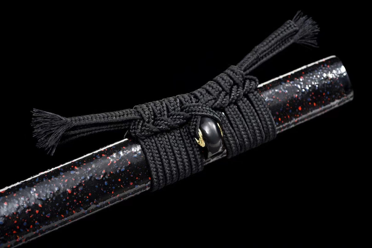 Ninjatō Nami 波 – Damascus Steel with Red and Blue Reflections – view 9