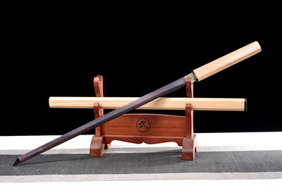 Ninjatō Ki 木 – Damascus Steel, Natural Wood Saya – view 3