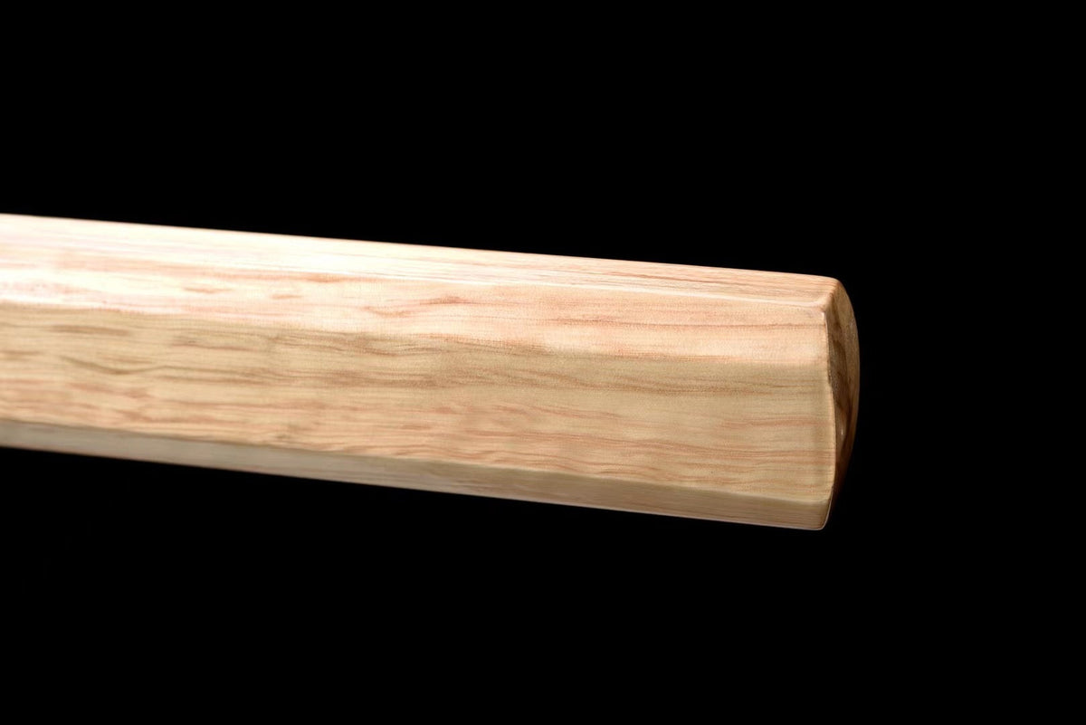 Ninjatō Ki 木 – Damascus Steel, Natural Wood Saya – view 5