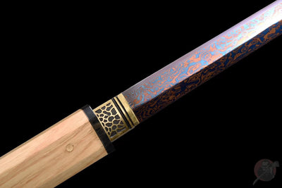 Ninjatō Ki 木 – Damascus Steel, Natural Wood Saya – view 6