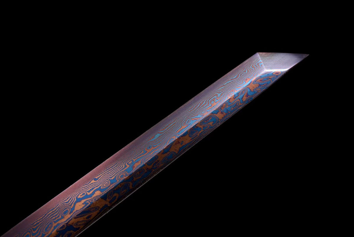 Ninjatō Ki 木 – Damascus Steel, Natural Wood Saya – view 7