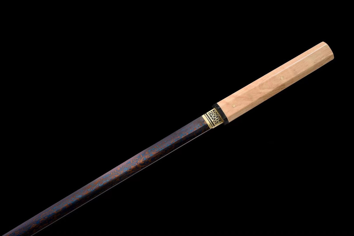 Ninjatō Ki 木 – Damascus Steel, Natural Wood Saya – view 8
