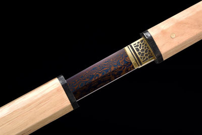 Ninjatō Ki 木 – Damascus Steel, Natural Wood Saya – view 9