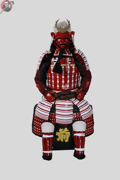 Aka Samurai Armour – Red Metal Kabuto, Menpo and Do – view 1