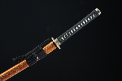 Rōtasu ロータス Katana – Damascus Steel, Orange Saya – view 10