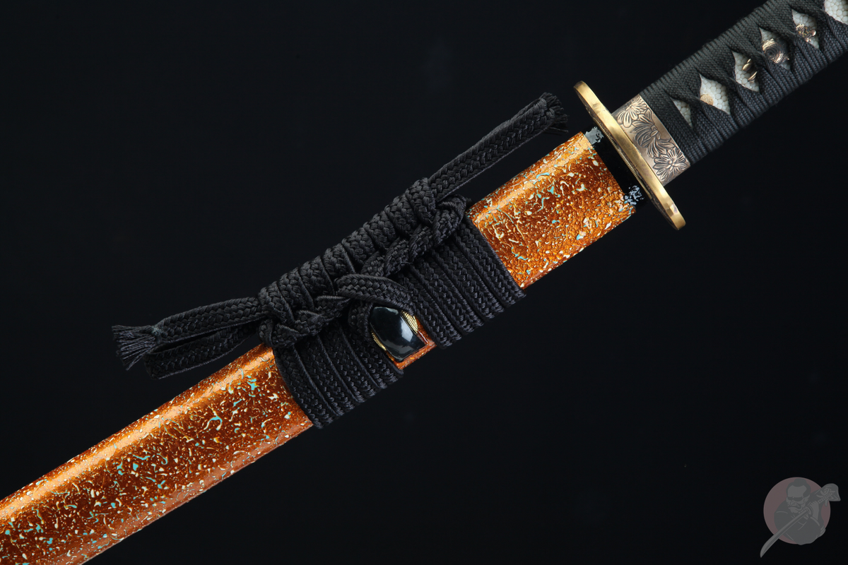 Rōtasu ロータス Katana – Damascus Steel, Orange Saya – view 11