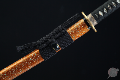Rōtasu ロータス Katana – Damascus Steel, Orange Saya – view 11